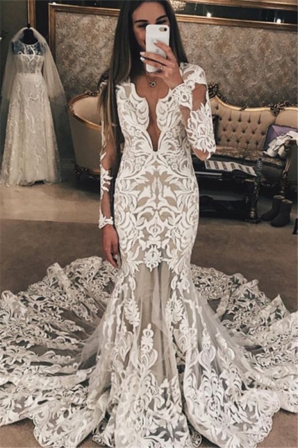 Long Sleeve Unique Lace Wedding Dresses  | Mermaid Lace Long Train Bridal Gown