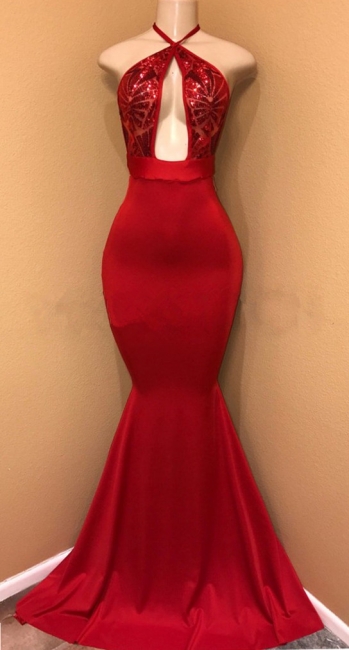 Halter Sexy Open Front Red Prom Dresses | Mermaid  Long Evening Dress