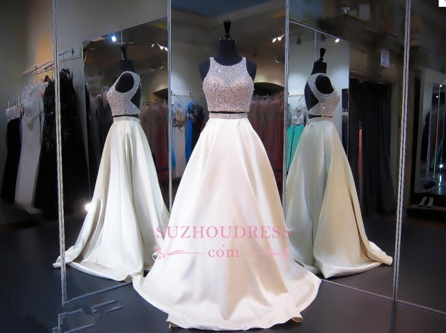A-line Two Piece Evening Dress  Sleeveless Jewel Beads Sexy Zipper Prom Dress