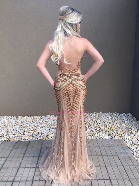 Mermaid Crystal Prom Dress | Front Aplit Sleeveless Evening Dresses