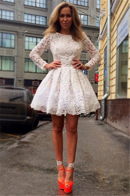 White Long Sleeve A-line Homecoming Dresses New Arrival Lace Mini Cocktail Gowns BO8714