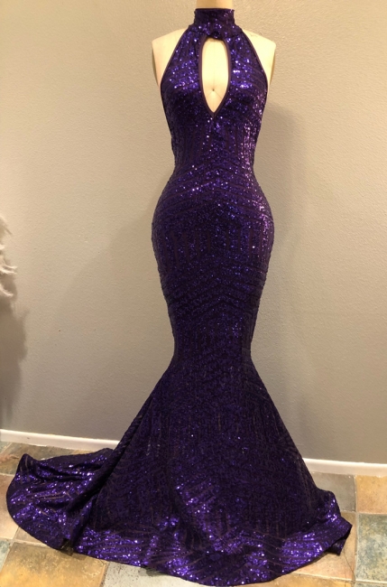 High Neck Sequins Prom Dress with Keyhole | Mermaid Sleeveless Sexy  Prom Dresses