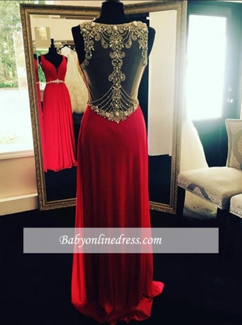 Crystal Long Beading  Evening Dresses Sleeveless Red Prom Dresses