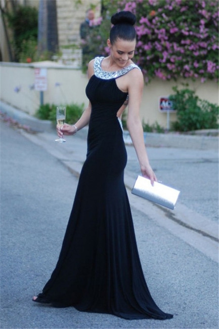 Sexy Backless  Evening Dresses Crystals Black Long Sheath Prom Gowns