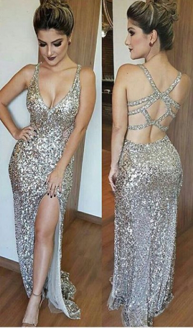 Silver Shiny Sequins Evening Dress   Open Back Formal Dress with Slit BA6340