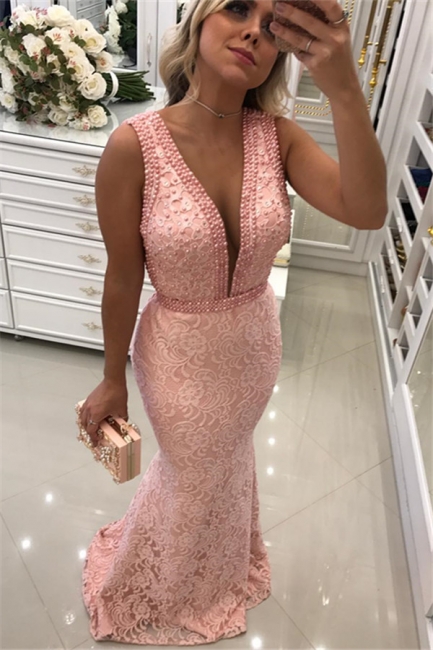 Sexy V-Neck Pink Lace Prom Dresses | Sleeveless Mermaid Evening Dresses with Beadings SK0160-BMT