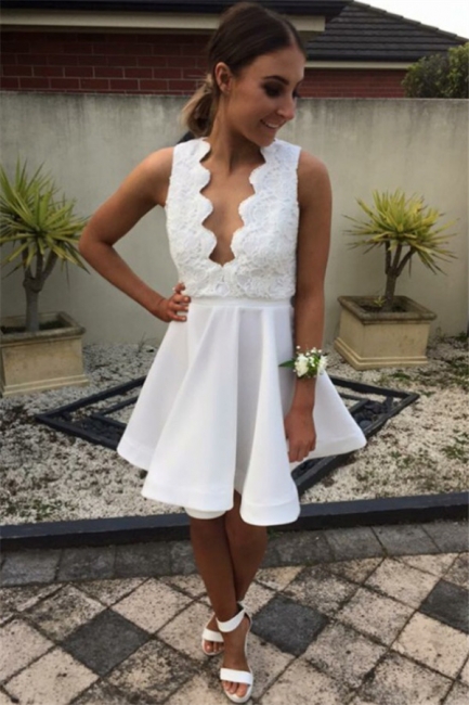 Open Back V Neck White Homecoming Dress   Lace Mini Prom Party Dress