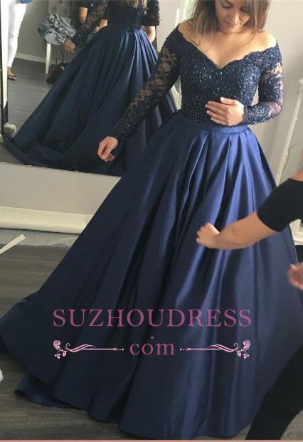 Long-Sleeves Lace Elegant Off-the-Shoulder Navy-Blue  Prom Dress