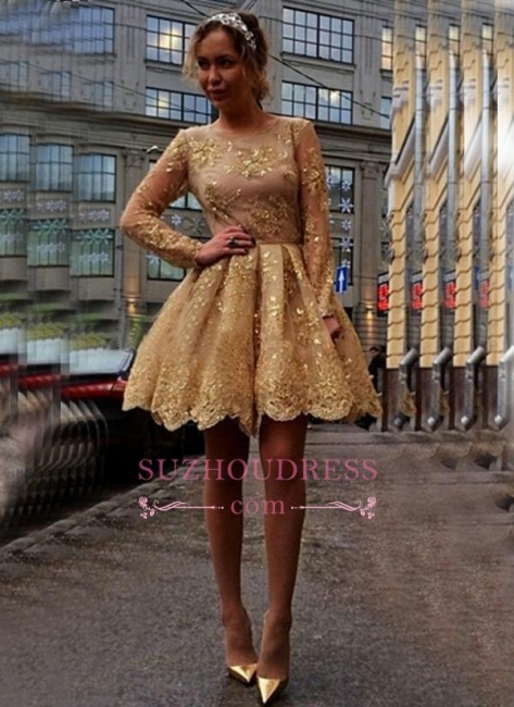 Gold Lace Appliques Long Sleeves Party Gowns  Short  Homecoming Dresses BA7971
