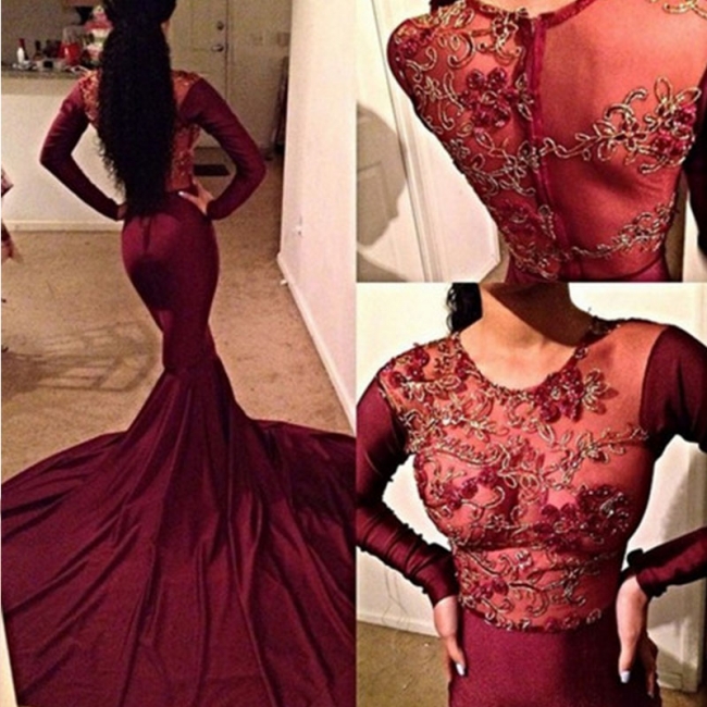 Burgundy Mermaid Long Sleeve Evening Dress with Long Train Sexy Lace  Prom Dresses