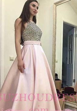 Pink Elegant Round-neck  A-line Sweep-train Sequin Beading Prom Dress BA5289