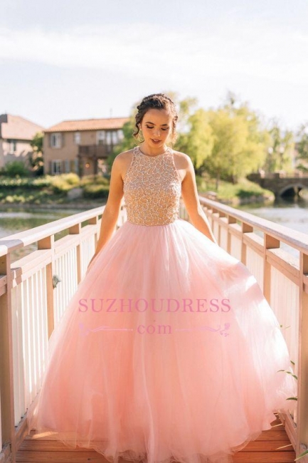 Elegant Long Tulle Evening Gowns  Puffy Tulle Beaded Pink Prom Dresses