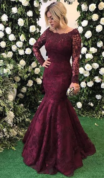 Long Sleeve Burgundy Prom Dresses  Mermaid Beads Lace Popular Evening Gown BA7388