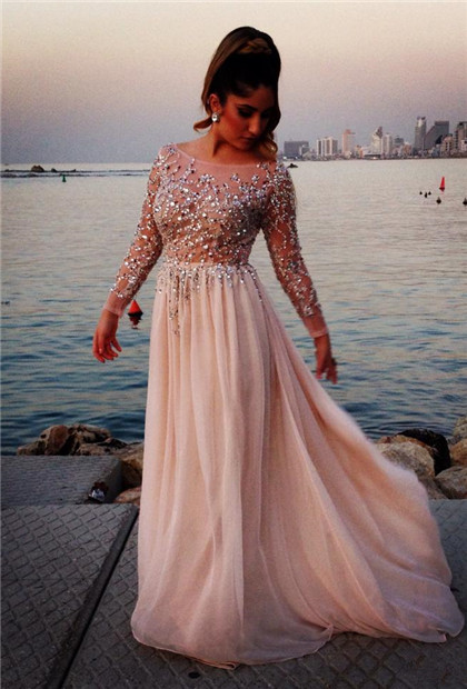 Shining Top Scoop Prom Dresses Long Sleeves Crystals Beading Chiffon Long A-line Evening Gowns