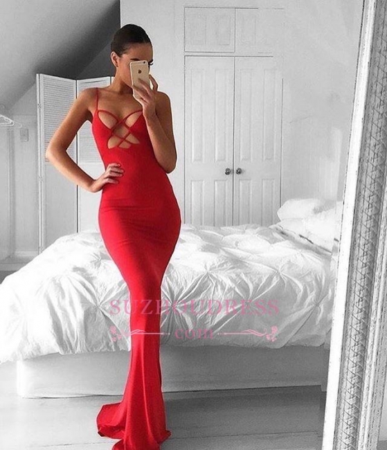 Sweep-Train Spaghetti-Strap Mermaid Hot Red Sleeveless Prom Dress