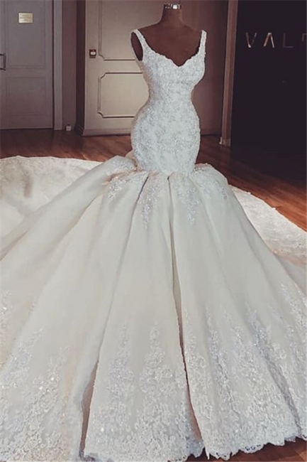 Affordable Straps Lace Appliques Sleeveless Wedding Dresses Mermaid Lace Bridal Gowns On Sale