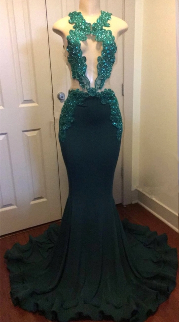 Dark Green Sexy Mermaid Crystals Prom Dress | Sparkling Appliques Open Back Real Evening Dress FB0325-MQ0