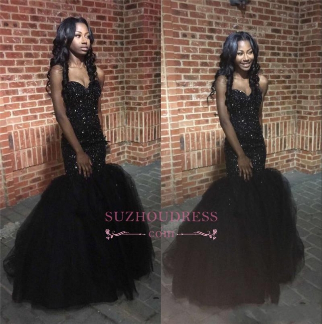 Tulle Sequins Sweetheart Puffy Evening Gown  Amazing Black Beaded Mermaid Prom Dress