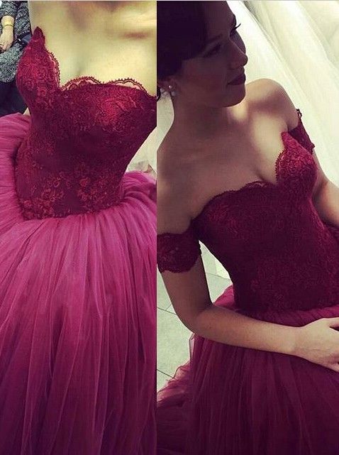 Elegant Off the Shoulder Short Sleeve  Prom Dress Lace Tulle Ball Gown Evening Dresses PD282