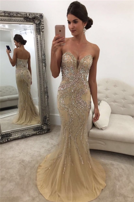 Glamorous Sweetheart Mermaid Crystal Prom Dresses |  Sweep-Train Tulle Evening Dresses