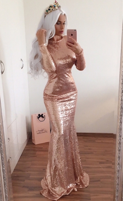Backless Shiny Sequins Sexy  Prom Dresses | Long Sleeve Sheath Evening Gown