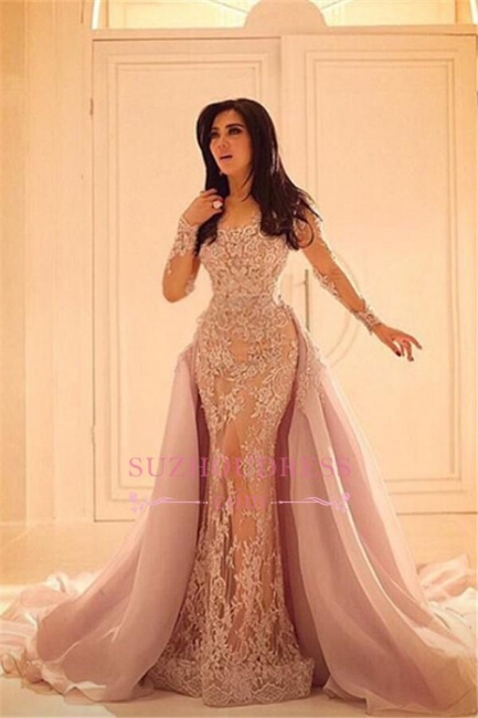 Luxurious Overskirt Long Sleeves Mermaid Prom Gowns Lace Sexy  Evening Dresses BA0579