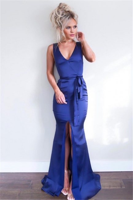 Royal Blue V-Neck Sheath Evening Dresses | Sleeveless Front Split Formal Dresses