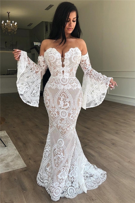 Exquisite Off-the-Shoulder V-Neck Lace Prom Dress Strapless Long Sleeves Evening Dresses On Sale