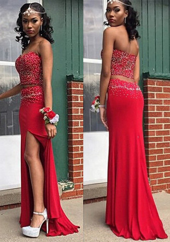 Red Sweetheart Two Pieces Long Evening Dress with Beadings Sexy Crystal Side Slit Prom Dress