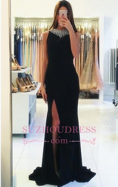 Beaded Black Sexy Sheath Evening Dress   Sleeveless Popular Backless Side Slit Prom Dress