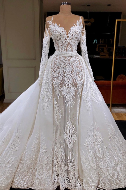 Gorgeous Tulle Overskirt Wedding Dresses Long Sleeve Lace Bridal Gowns Online