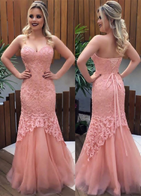 Sweetheart Pink Lace Tulle Prom Dresses  Sexy Sleeveless Lace-up Evening Gown