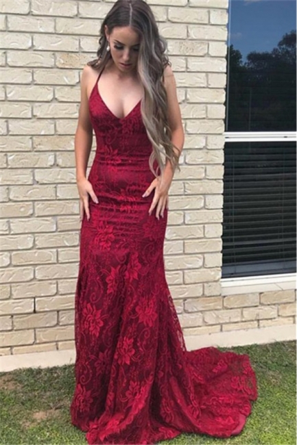 Burgundy Sheath Lace Evening Dresses | Spaghetti Straps Sexy Prom Dresses