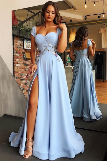 Cap Sleeves Open Back Blue Formal Evening Dress 2019 | Sexy Side Slit Appliques Prom Dresses  bc1747