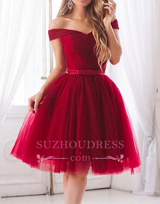 Chic Bow Tulle A-line Off-the-shoulder Knee-length Evening Dress