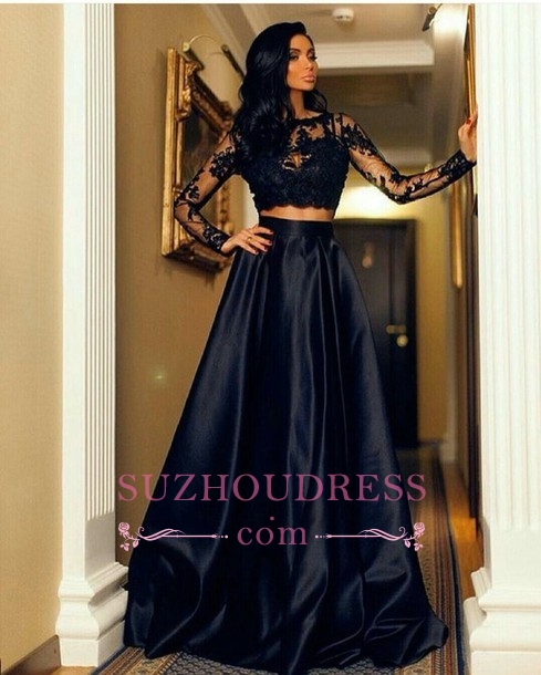 Black Long-Sleeve Modern Two-Piece A-line Lace Prom Dress SP0429