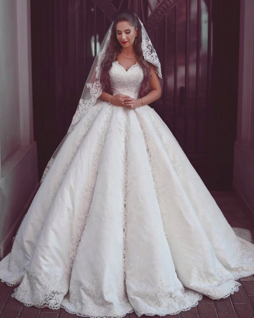 Elegant Lace Straps Wedding Dresses | Puffy Sleeveless Bridal Ball Gowns