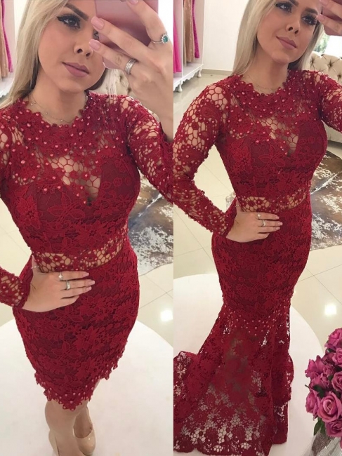 Luxury Jewel Mermaid Evening Dresses  | Lace Long Sleeves Formal Dresses with Beadings