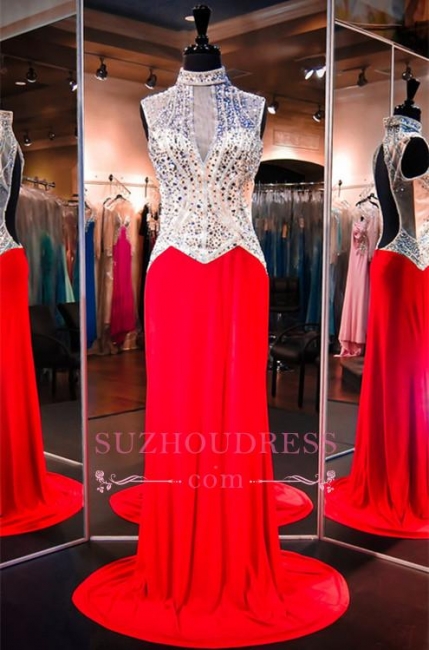 Sweep-Train Sleeveless High-Neck Newest Red Crystals Evening Dress