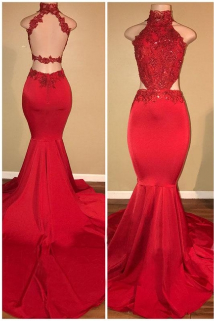 High Neck Open Back Sexy Prom Dresses | Mermaid Sleeveless Red Long Evening Dress