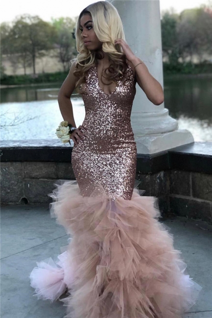 Shiny Sequins Ruffle Prom Dress  2019 | Halter Mermaid Tulle Sexy Graduation Dress bc1836