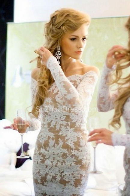 Elegant Prom Dresses Bateau Appliques Long Sleeve Sheath Lace Winter Evening Gowns