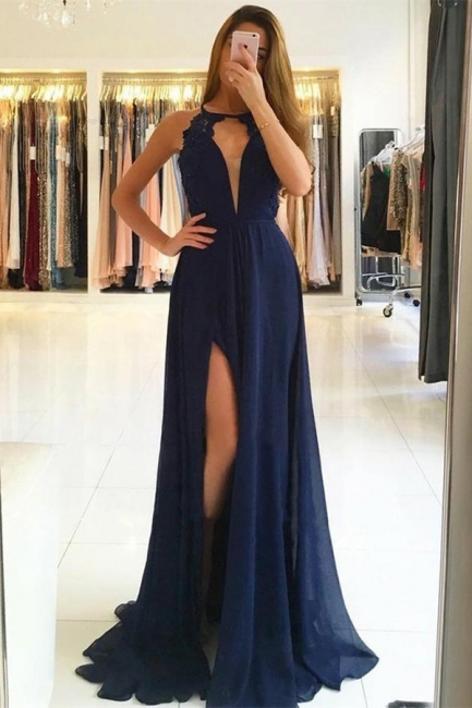 Elegant A-line Chiffon Evening Dresses  | Open Back Side Slit Prom Dress