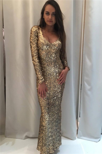 Sparkly Sequins Prom Dress  Long Sleeve Sheath Open Back Evening Gown
