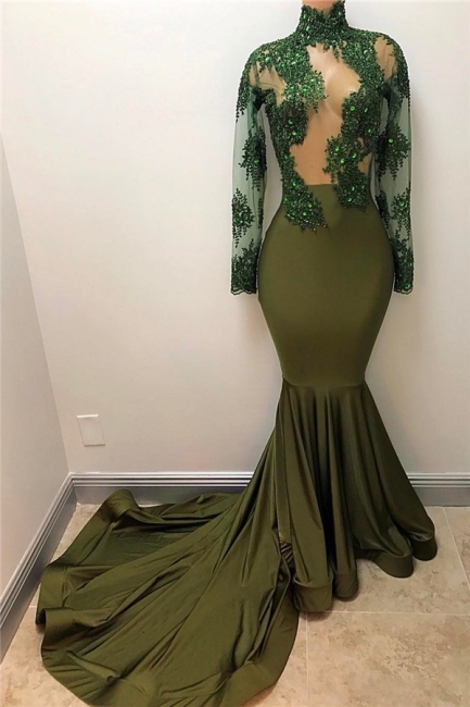 Oliva Green Prom Dress Sexy Sheer Appliques Tulle Long Sleeve Mermaid Evening Gown BA7958