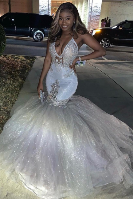 Spaghetti Straps Silver Sparkle Sequins Prom Dress 2019 | Beads Appliques Mermaid Sexy Prom Dress