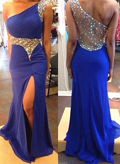 Blue Mermaid One Shoulder Evening Dress Crystal Sexy Popular Sheer Back Long Evening Gowns
