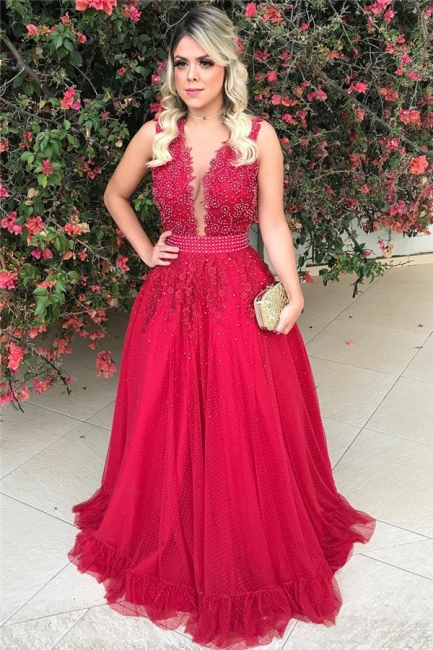 Sleeveless Red Tulle Prom Dress with Bowknot Sexy  Beads Sequins Appliques Evening Gown