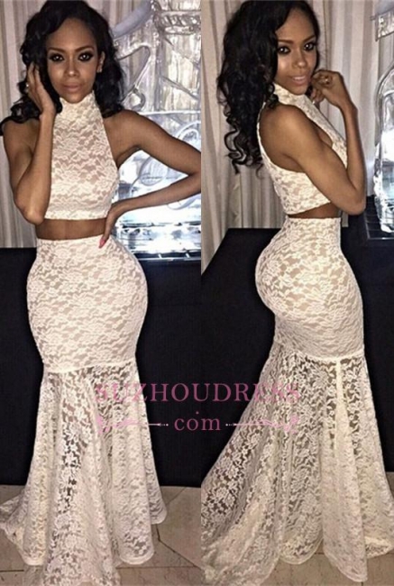Mermaid Sleeveless Lace Sexy Sweep-Train Two-Piece High-Neck Prom Dress