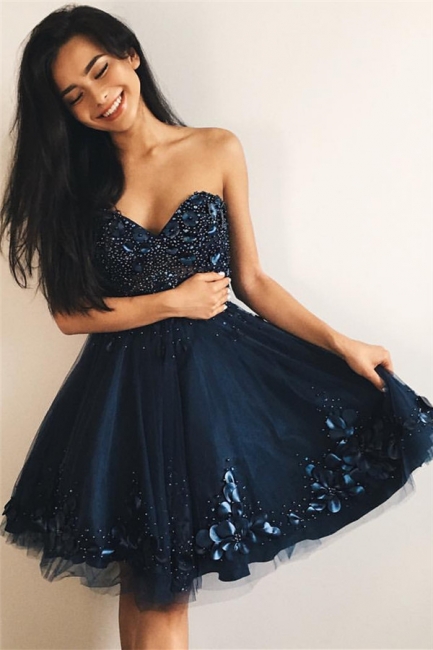 Sweetheart Beads 3D Flowers Navy Tulle Sexy Homecoming Dresses  Online